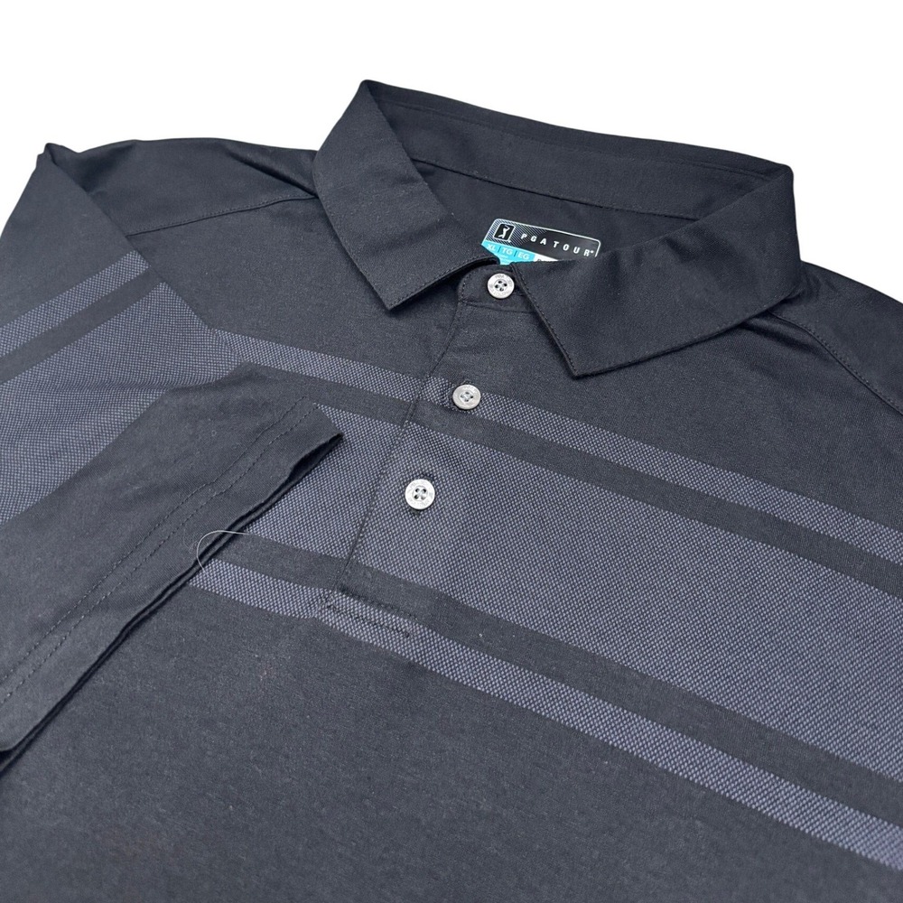 PGA Tour Polo Shirt Men XL Black‎ Grey Striped Pro Series Athletic Fit